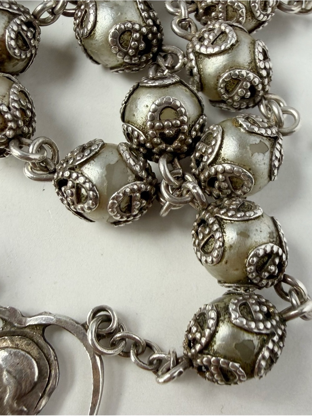 Vintage Sterling Silver Rosary Capped Faux Pearls Jesus Sacred Heart AS IS FLAWS - Picture 6 of 11